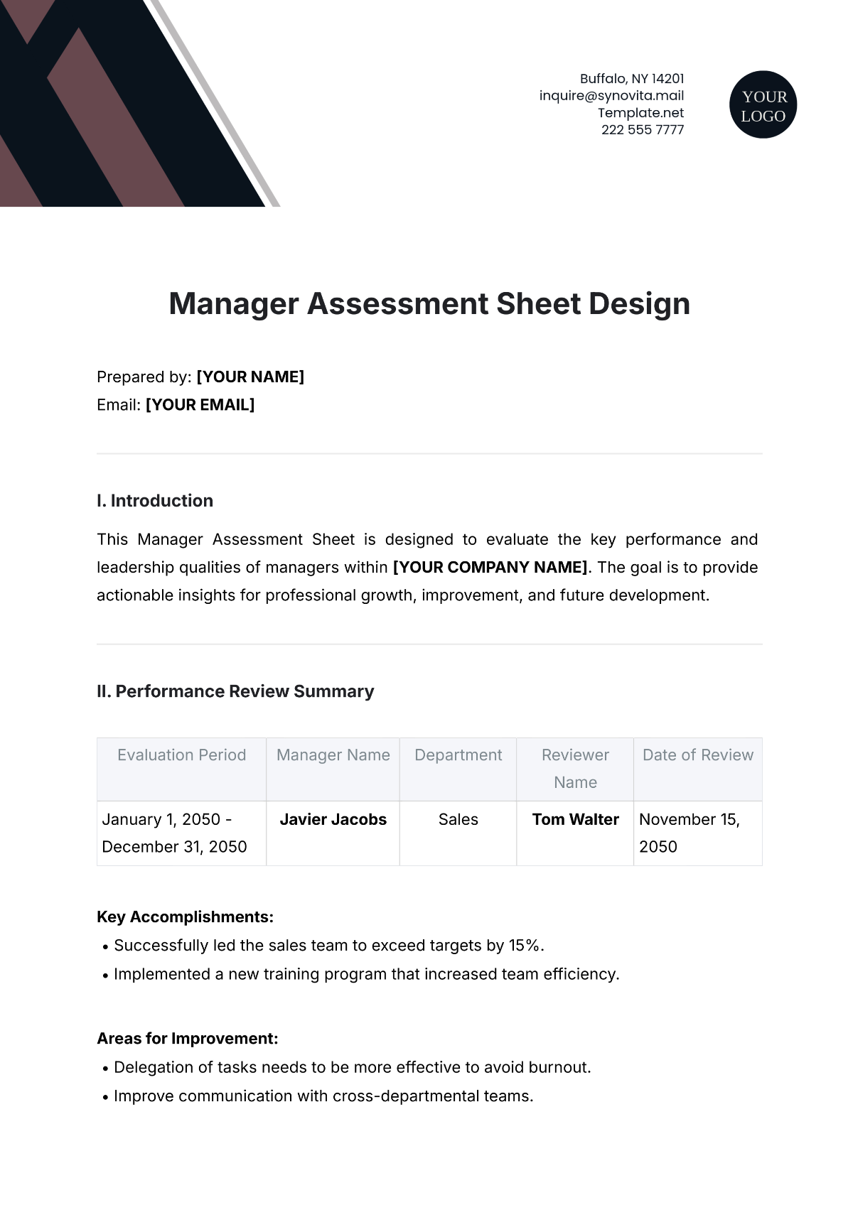 Manager Assessment Sheet Design Template