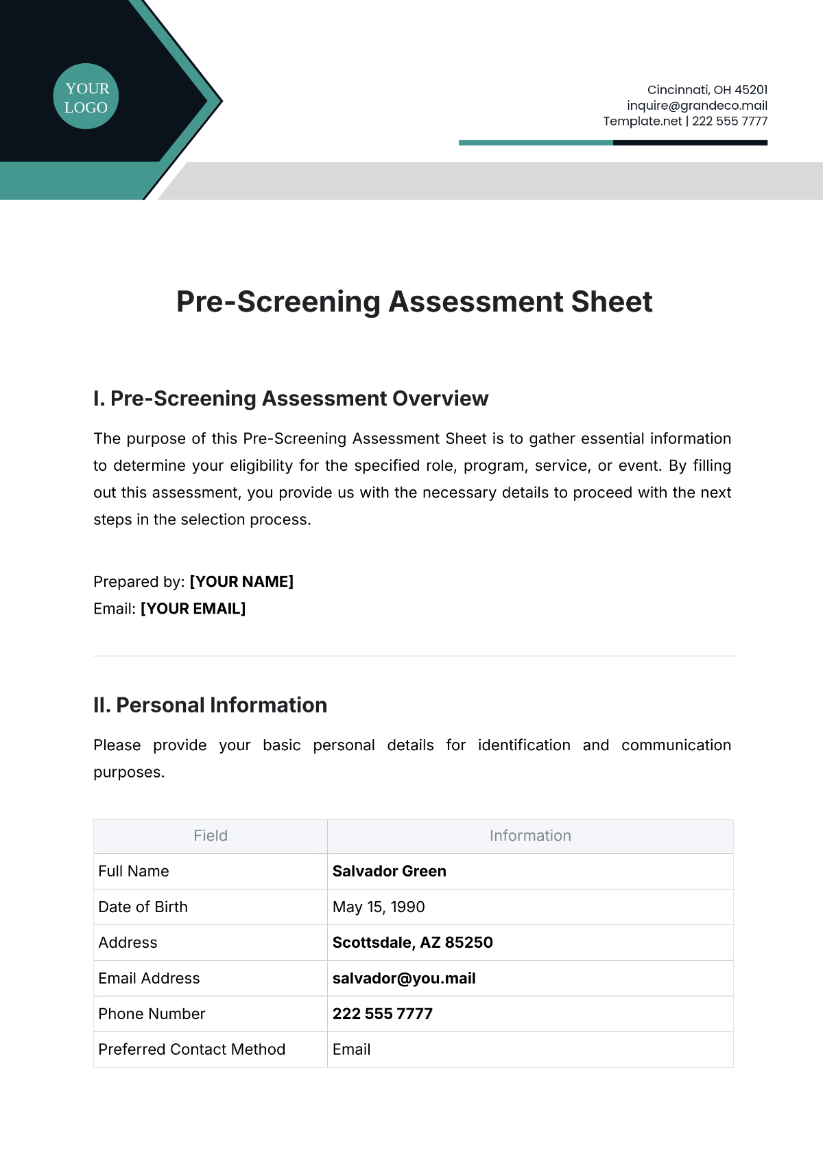 Pre-Screening Assessment Sheet Template