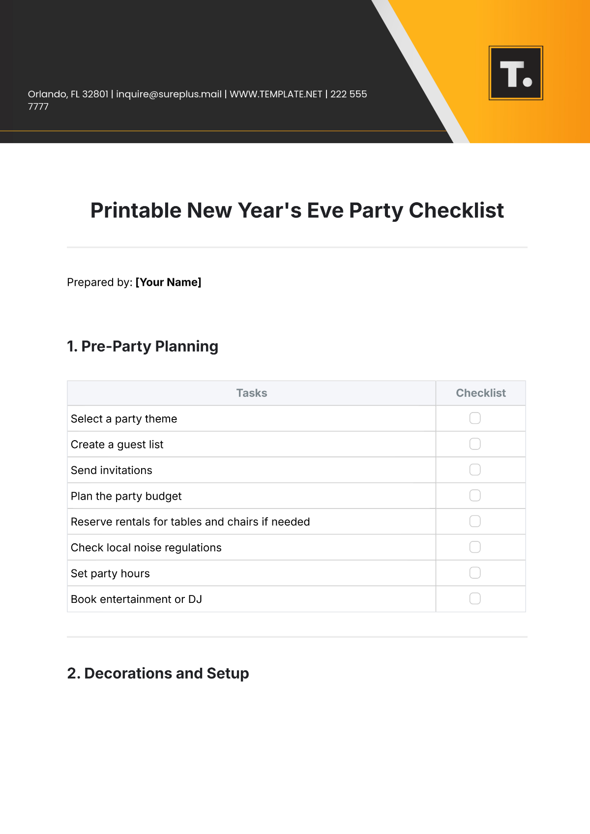 Printable New Year's Eve Party Checklist Template