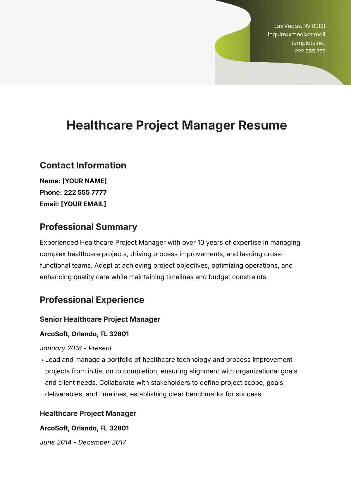 Healthcare Project Manager Resume Template