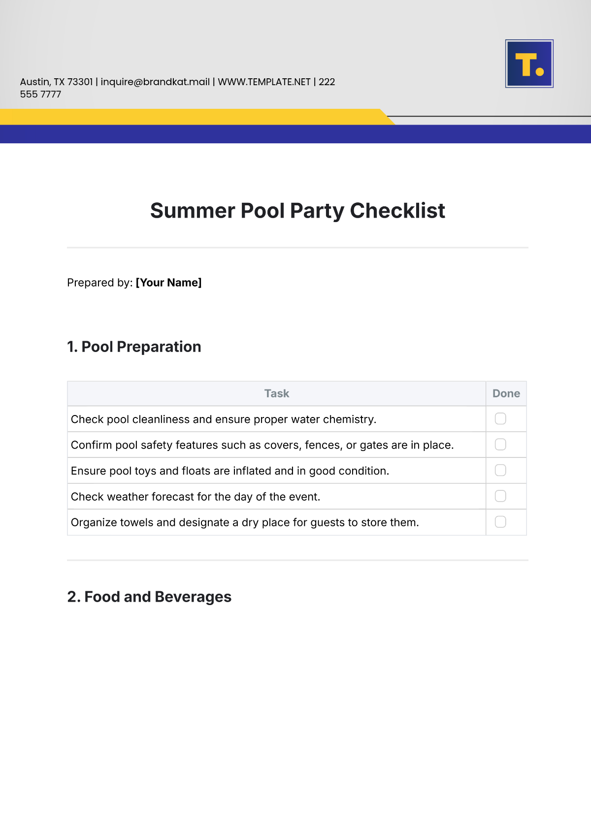 Summer Pool Party Checklist Template - Edit Online & Download