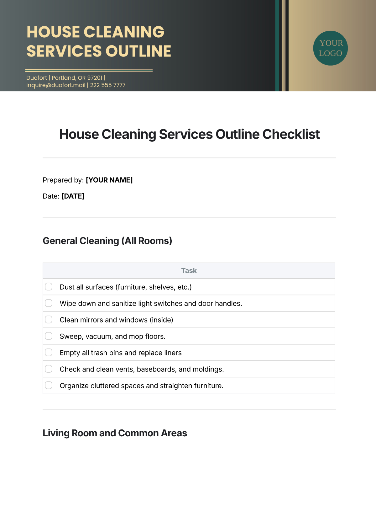 House Cleaning Services Outline Checklist Template