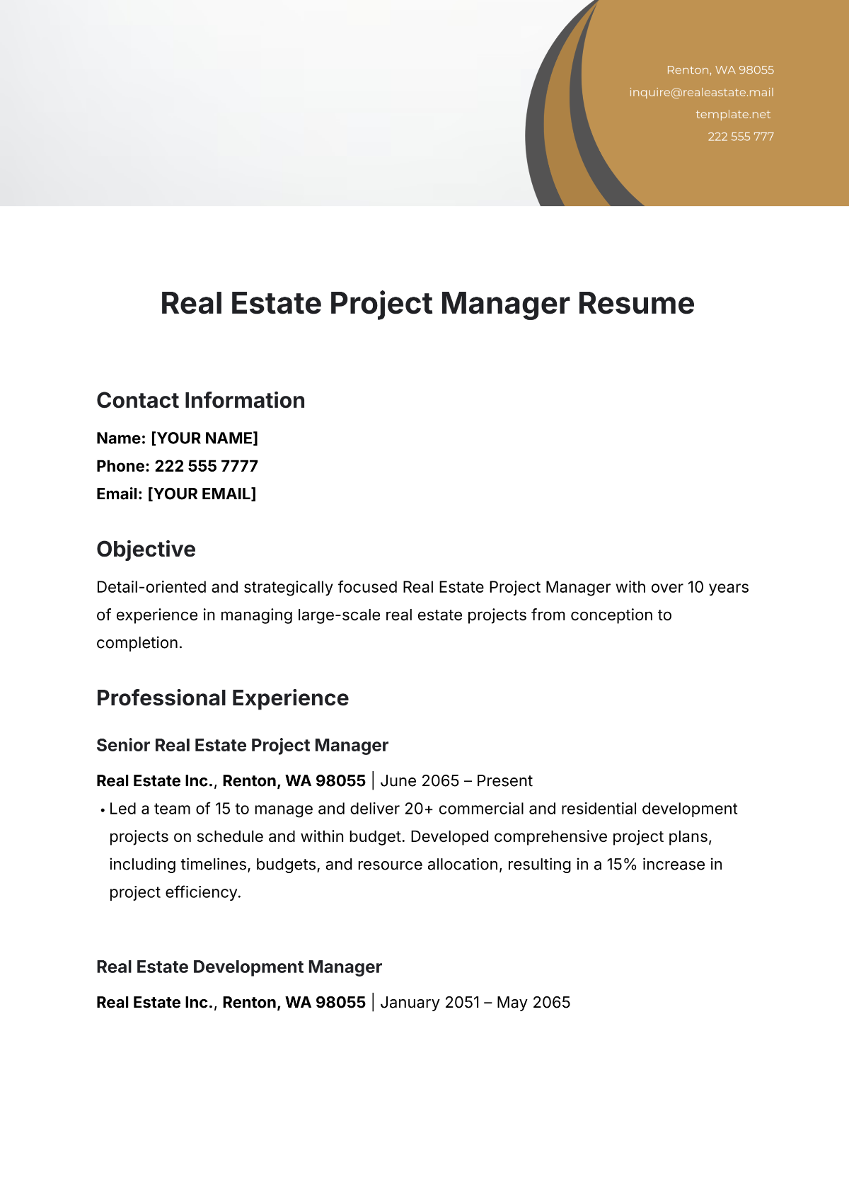 Real Estate Project Manager Resume Template - Edit Online & Download