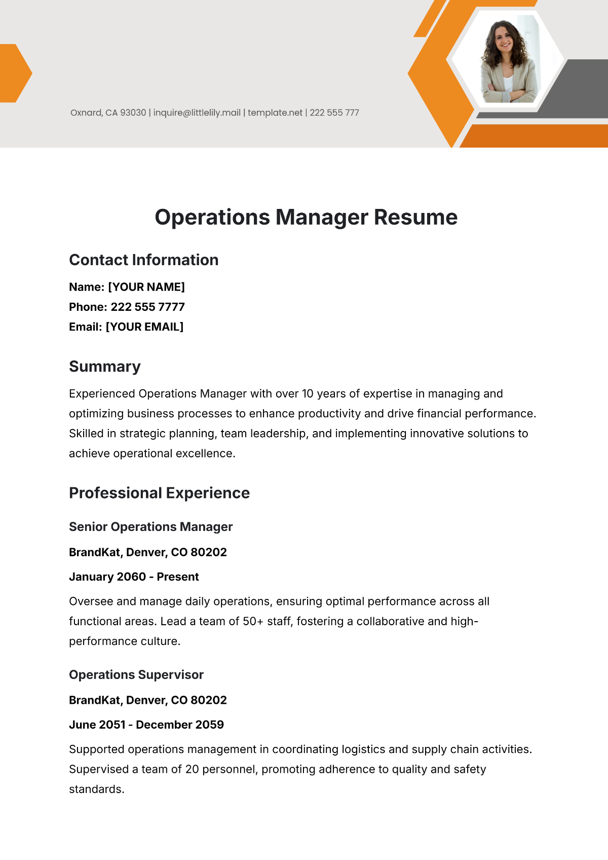 Operations Manager Resume Template Template - Edit Online & Download