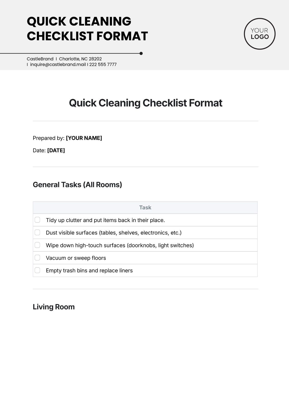 Quick Cleaning Checklist Format Template - Edit Online & Download