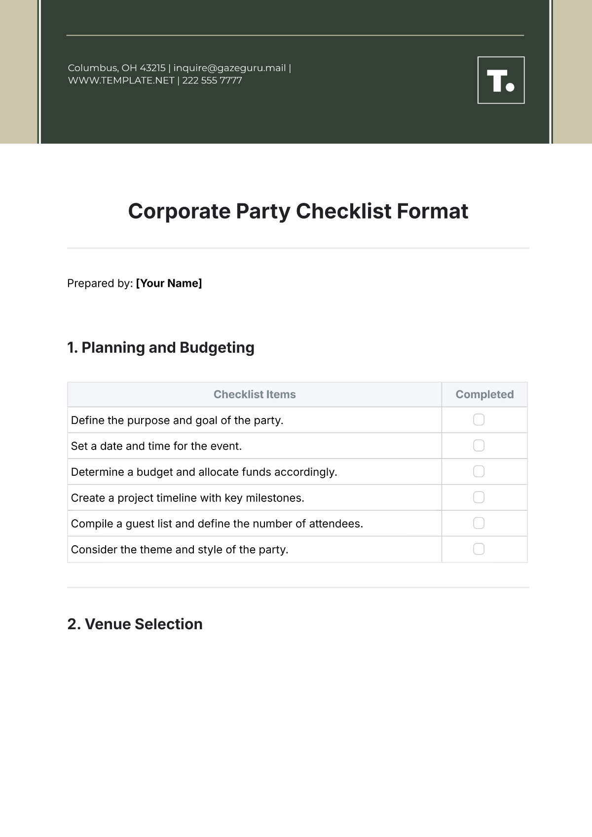 Corporate Party Checklist Format Template