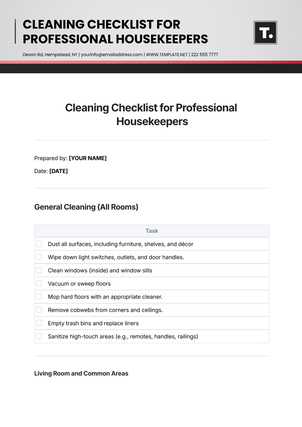 Cleaning Checklist for Professional Housekeepers Template