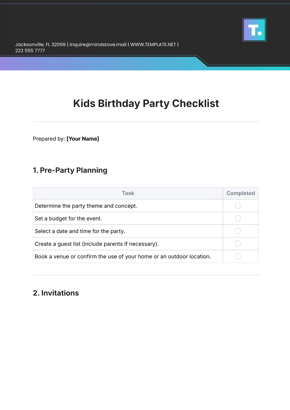 Kids Birthday Party Checklist Template - Edit Online & Download