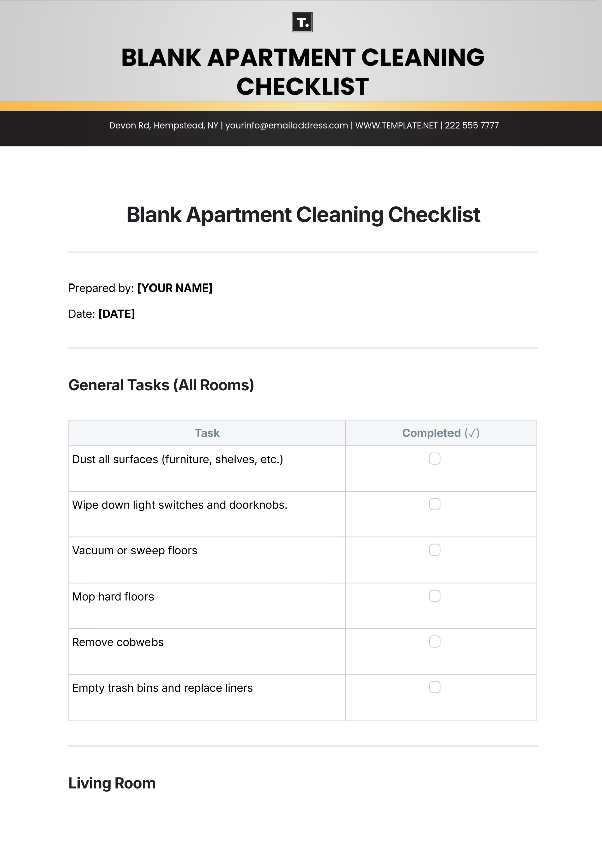 Blank Apartment Cleaning Checklist Template - Edit Online & Download