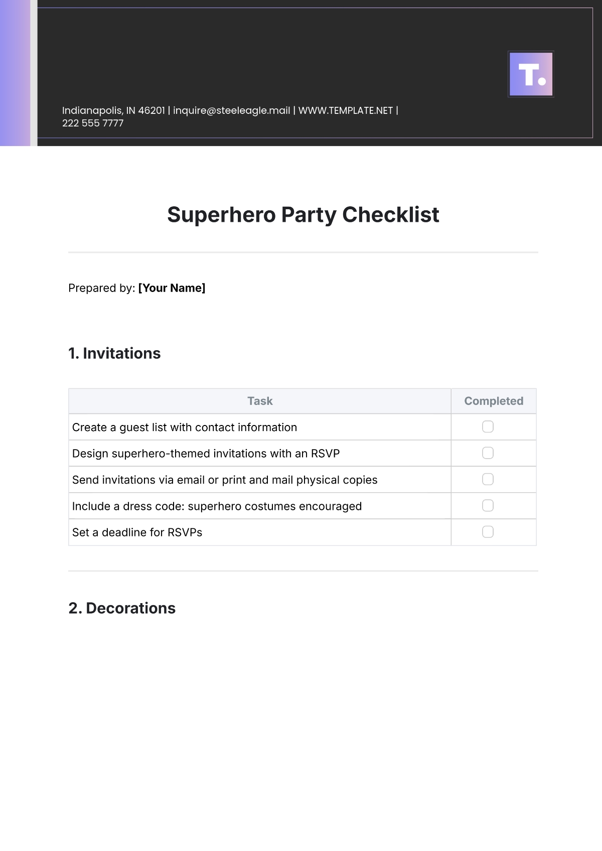 Superhero Party Checklist Template - Edit Online & Download