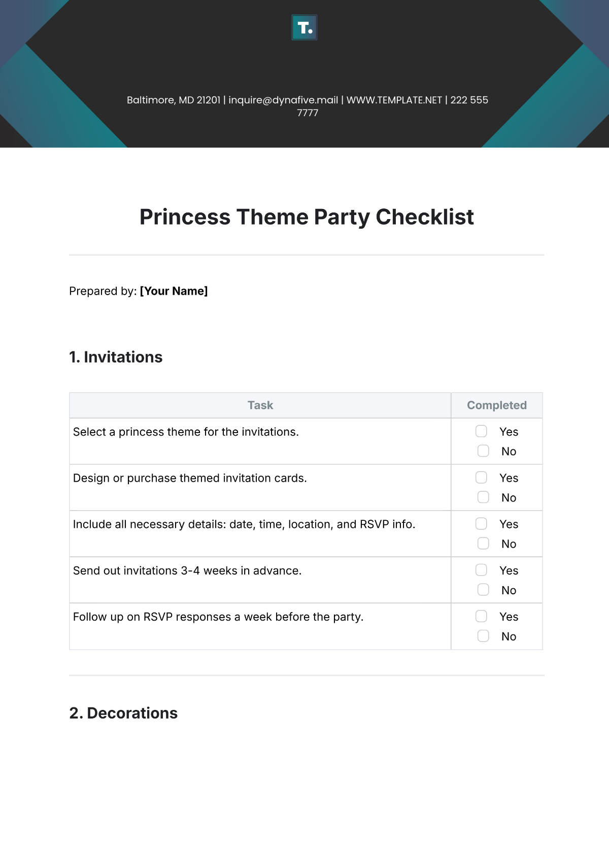 Princess Theme Party Checklist Template - Edit Online & Download