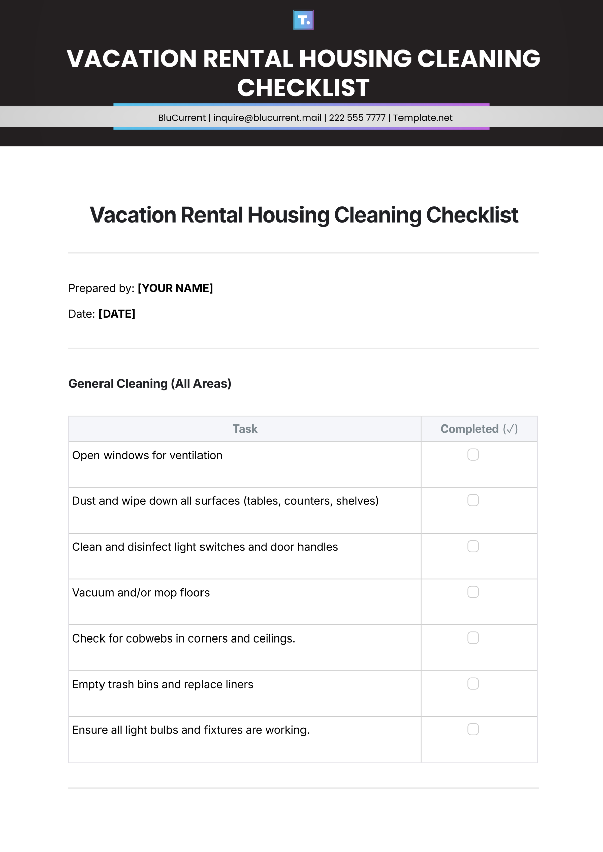 Vacation Rental Housing Cleaning Checklist Template - Edit Online & Download