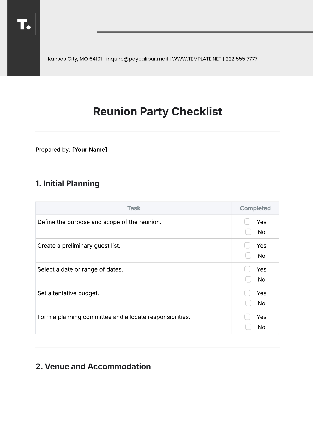 Reunion Party Checklist Template