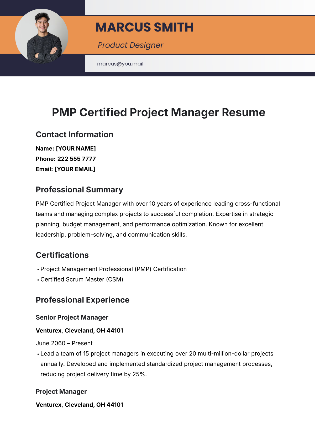 PMP Certified Project Manager Resume Template