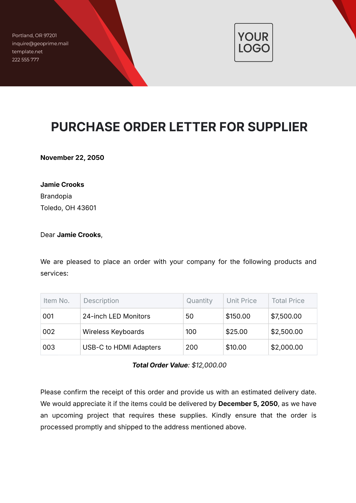 Purchase Order Letter for Supplier Template