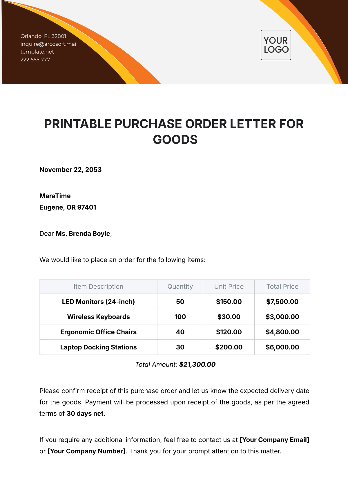 Printable Purchase Order Letter for Goods Template