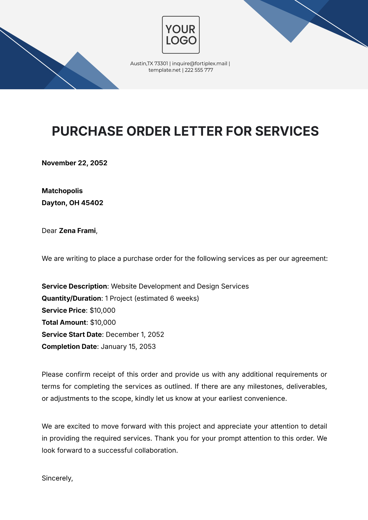 Purchase Order Letter for Services Template