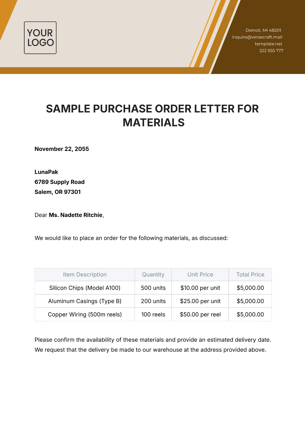 Sample Purchase Order Letter for Materials Template