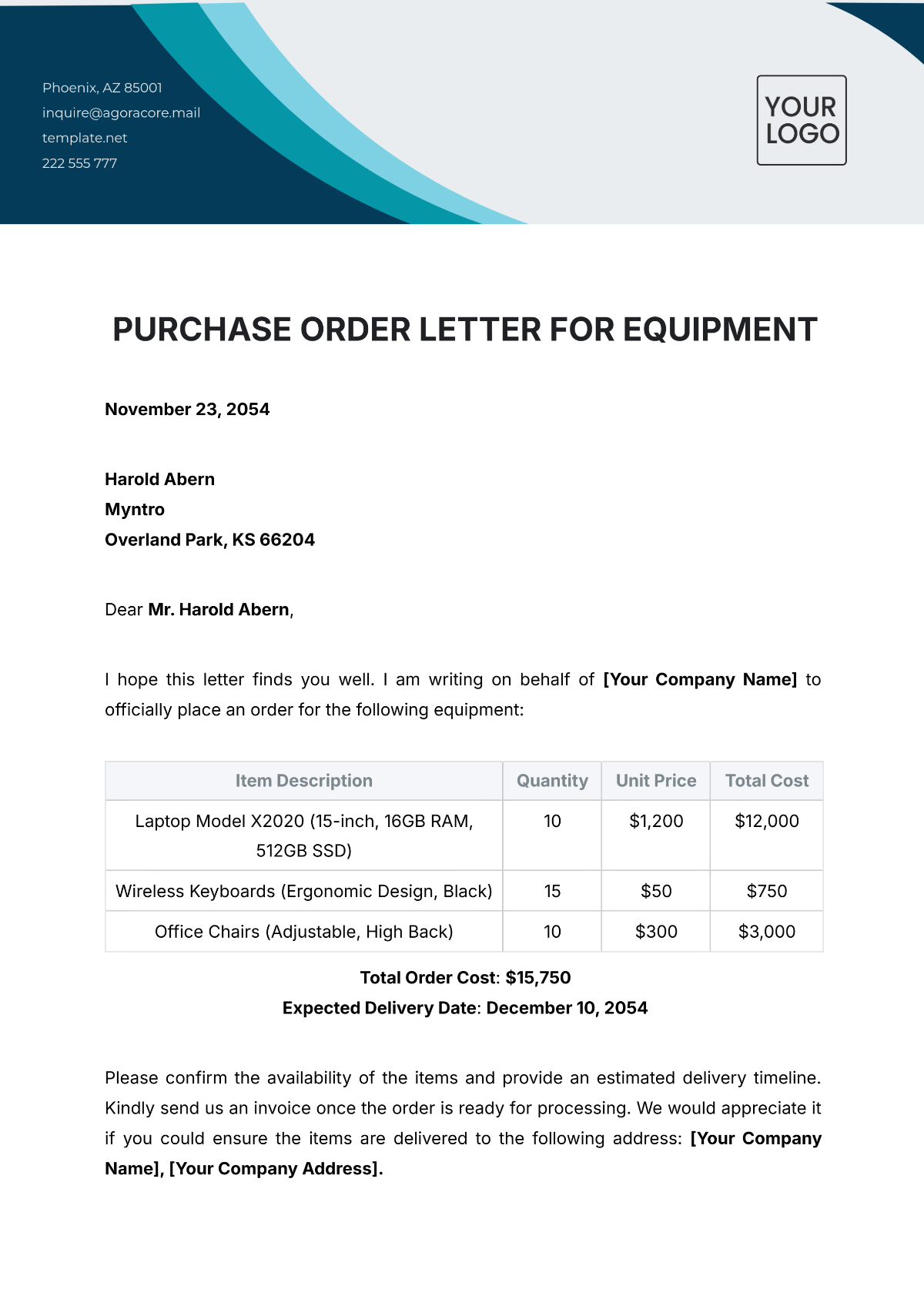 Purchase Order Letter for Equipment Template