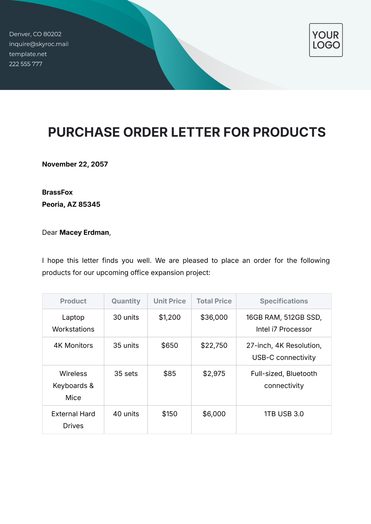 Purchase Order Letter for Products Template