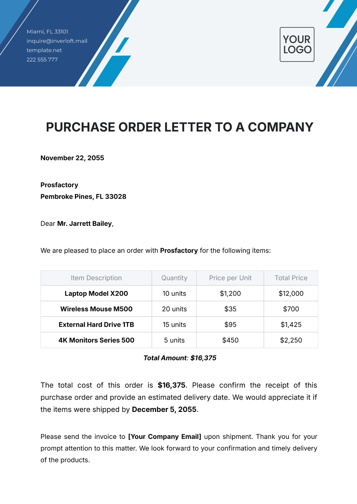 Purchase Order Letter to a Company Template