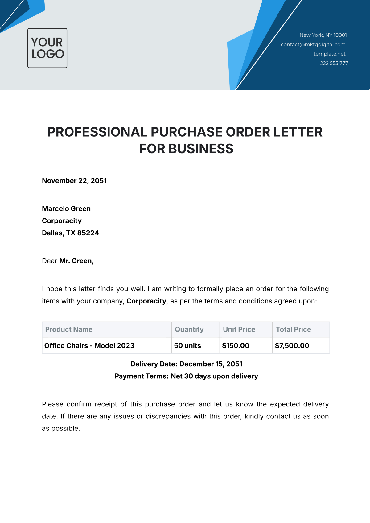 Professional Purchase Order Letter for Business Template