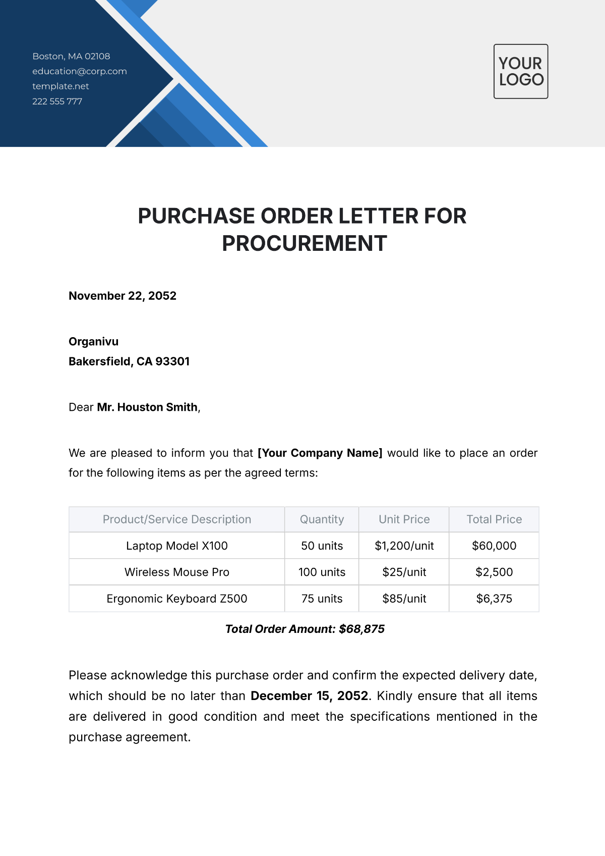 Purchase Order Letter for Procurement Template