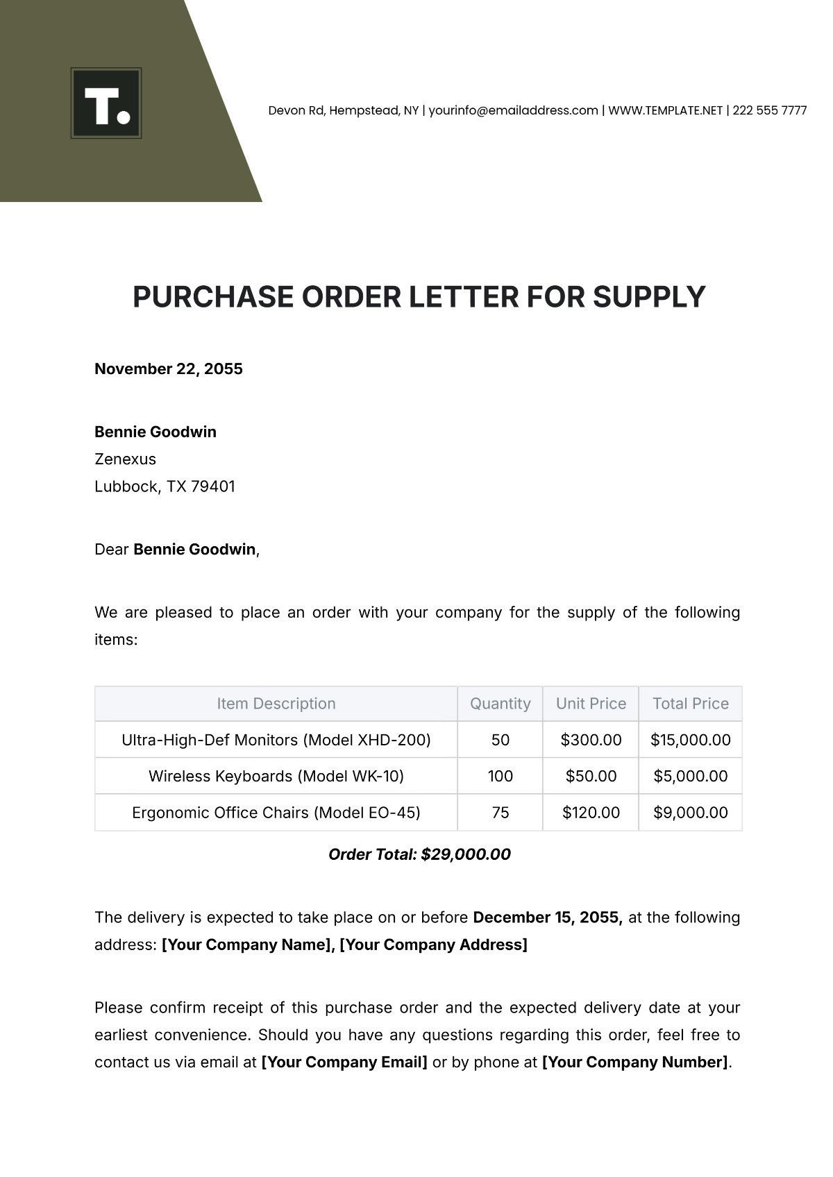 Purchase Order Letter for Supply Template