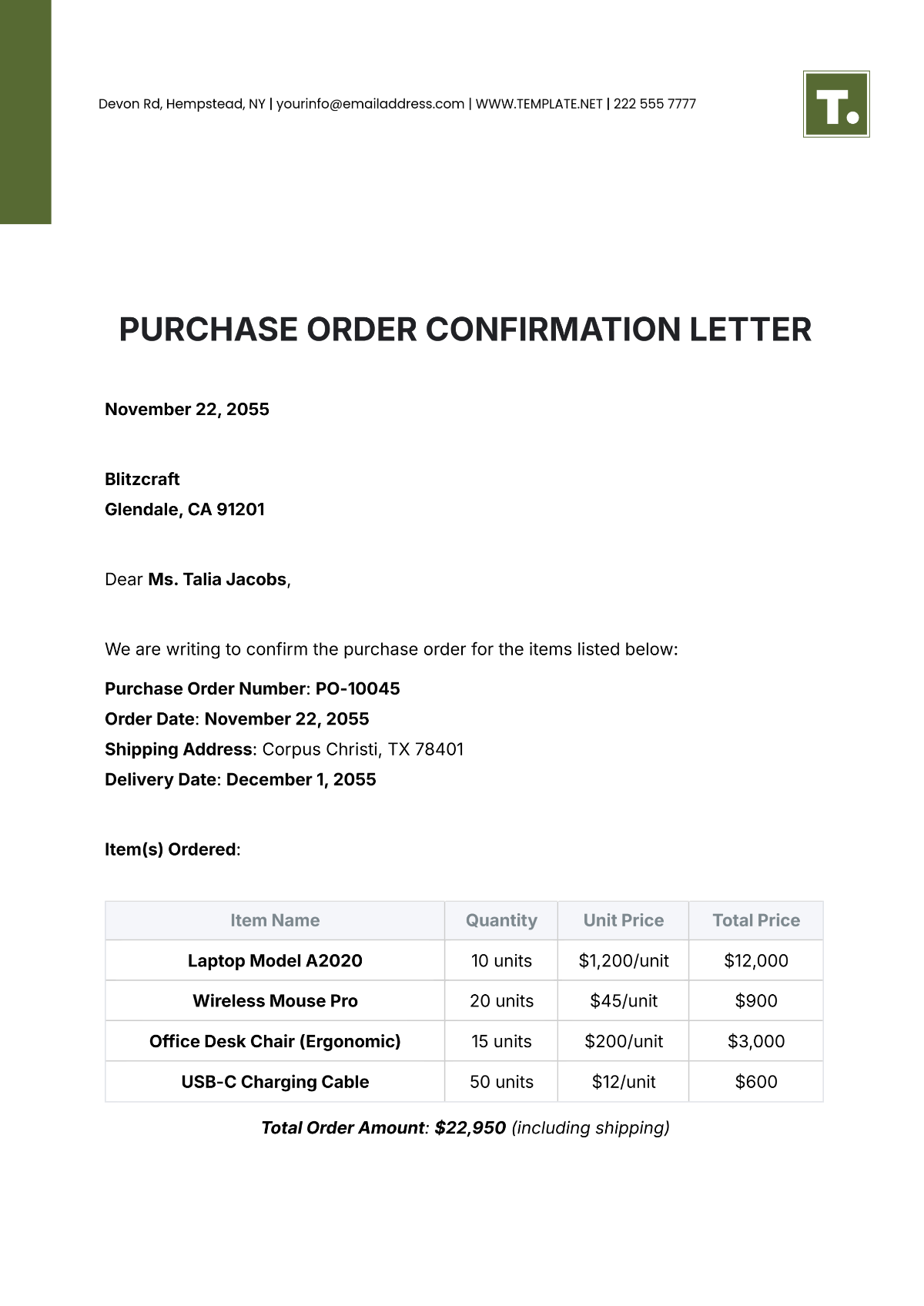 Purchase Order Confirmation Letter Template