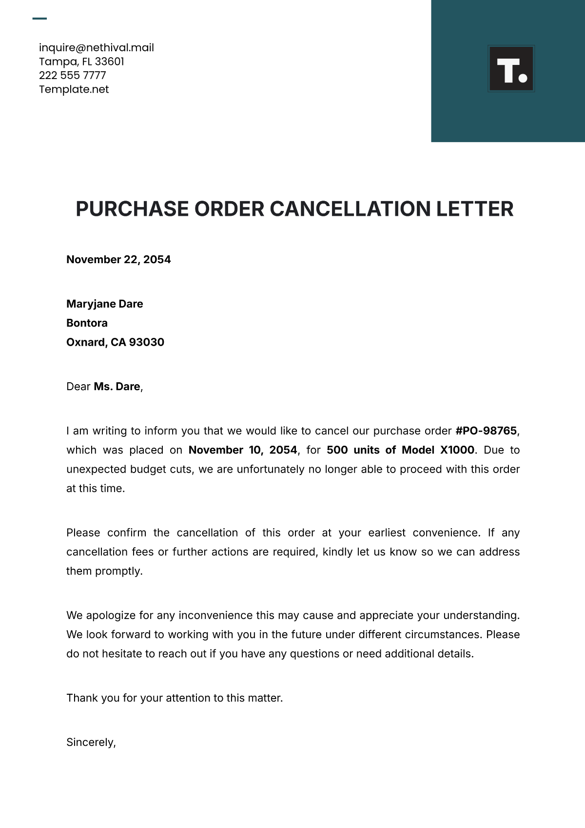 Purchase Order Cancellation Letter Template