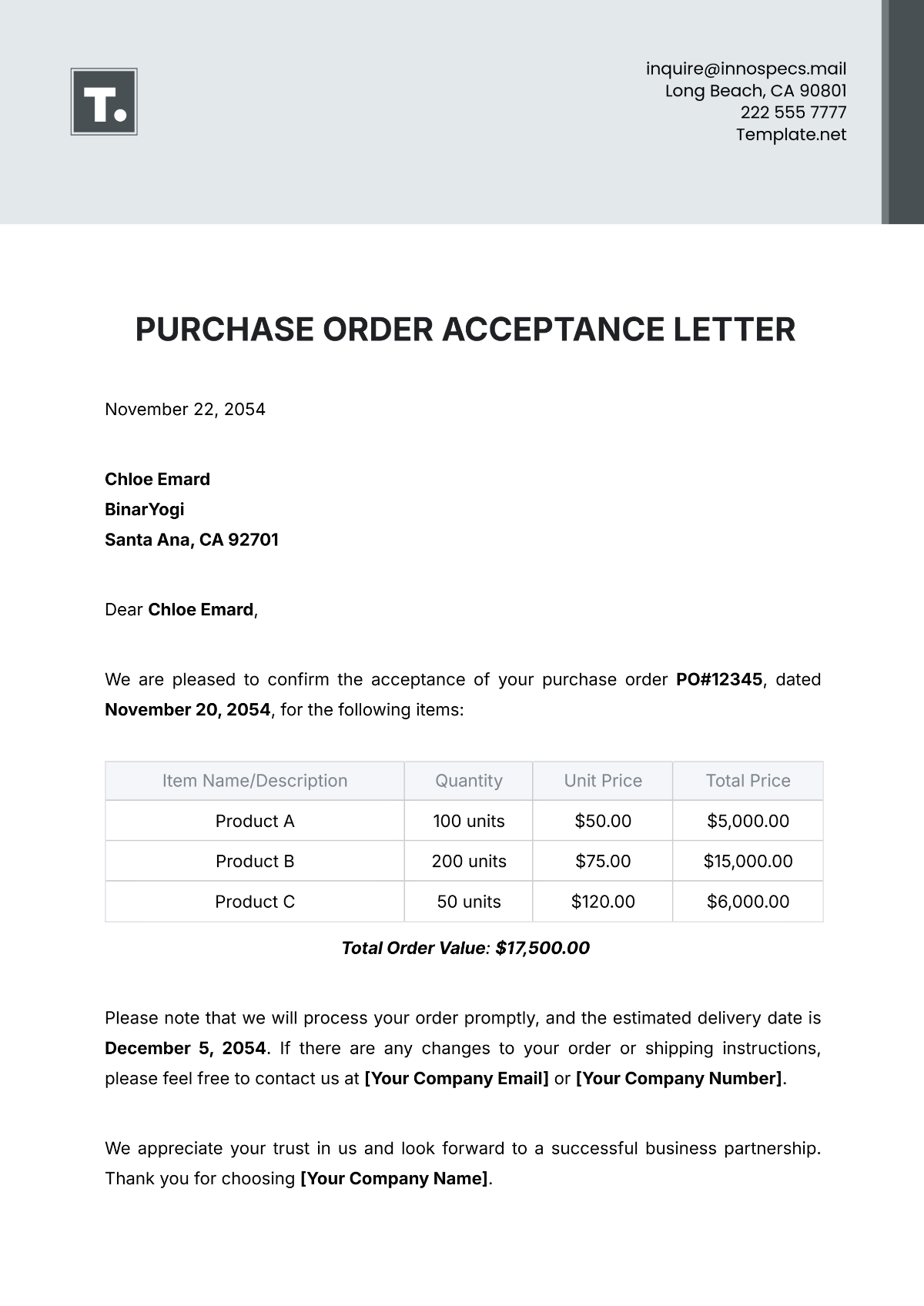 Purchase Order Acceptance Letter Template