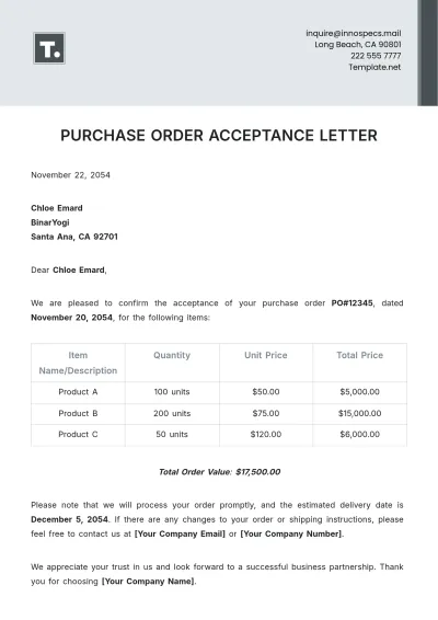 Free Purchase Order Acceptance Letter Template to Edit Online