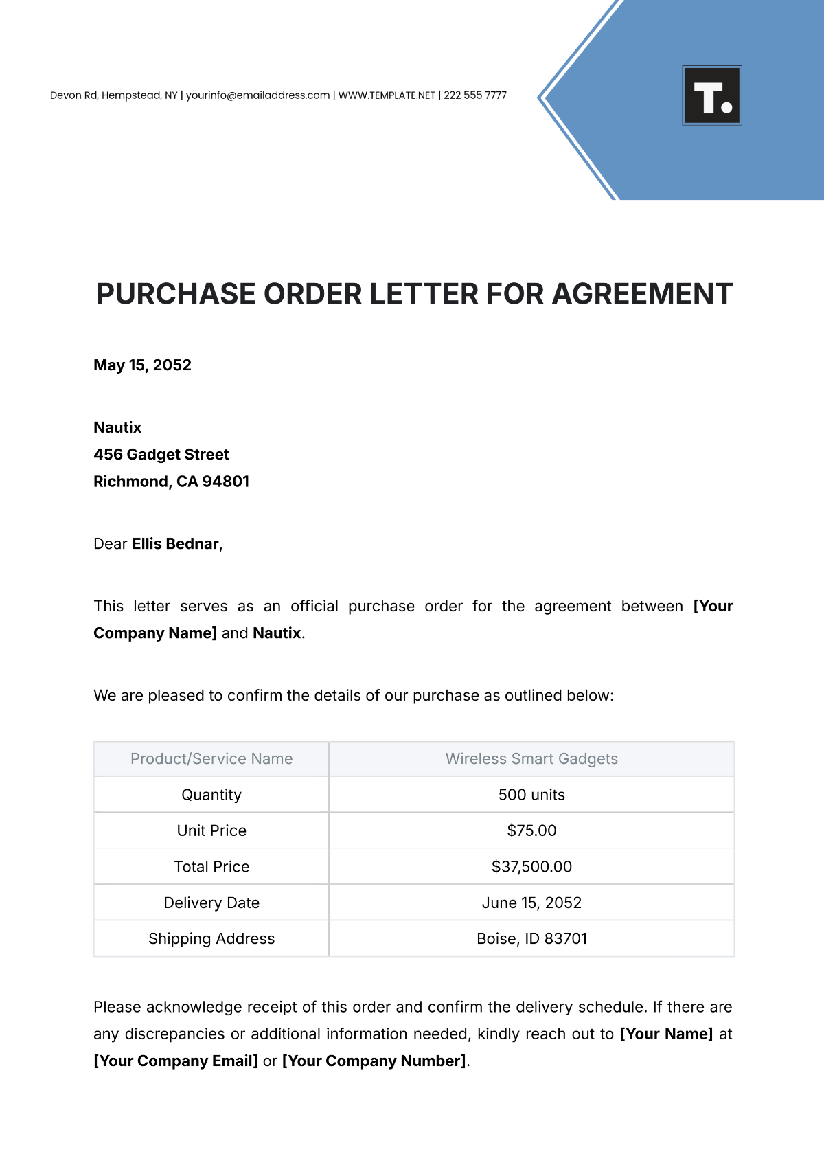 Purchase Order Letter for Agreement Template - Edit Online & Download