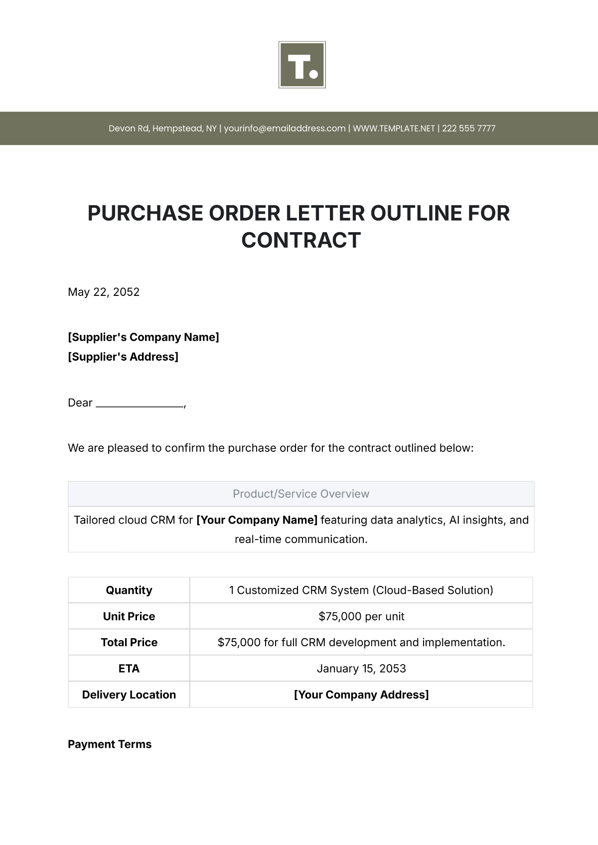 Purchase Order Letter Outline for Contract Template