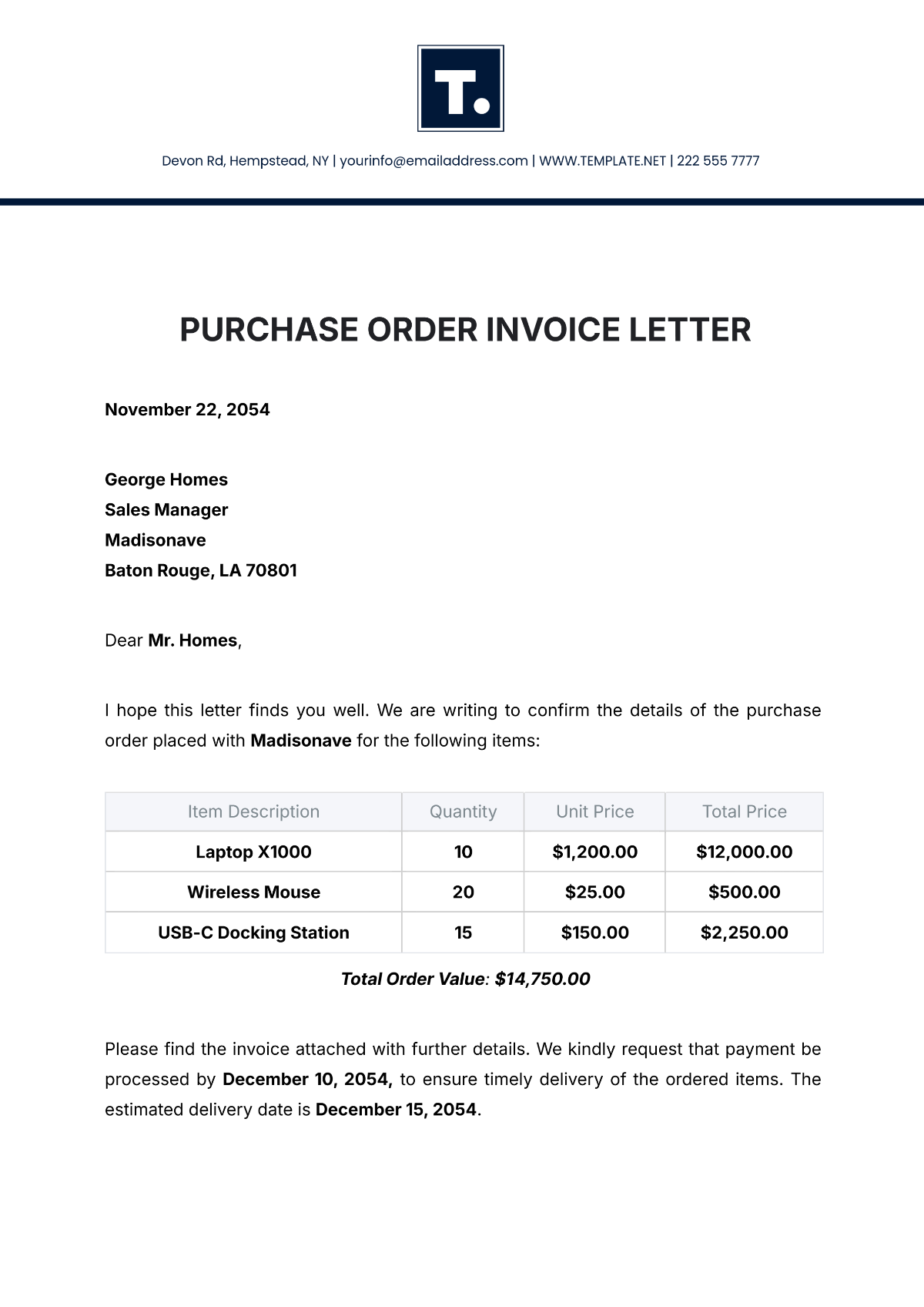 Purchase Order Invoice Letter Template