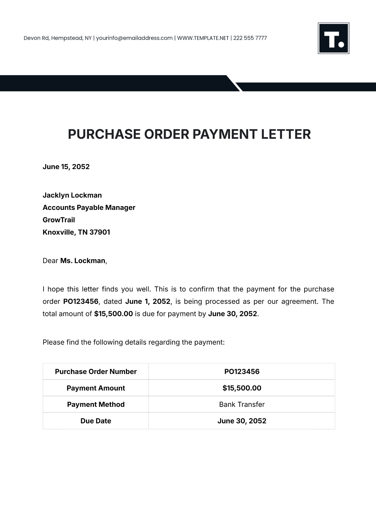 Purchase Order Payment Letter Template