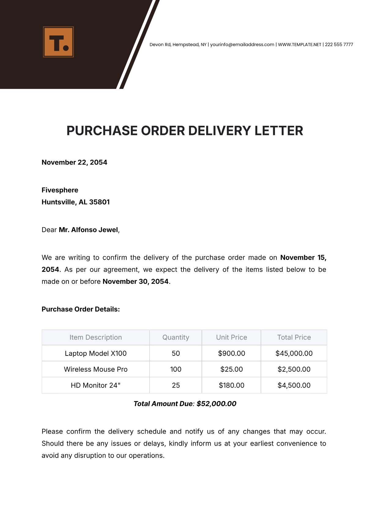 Purchase Order Delivery Letter Template