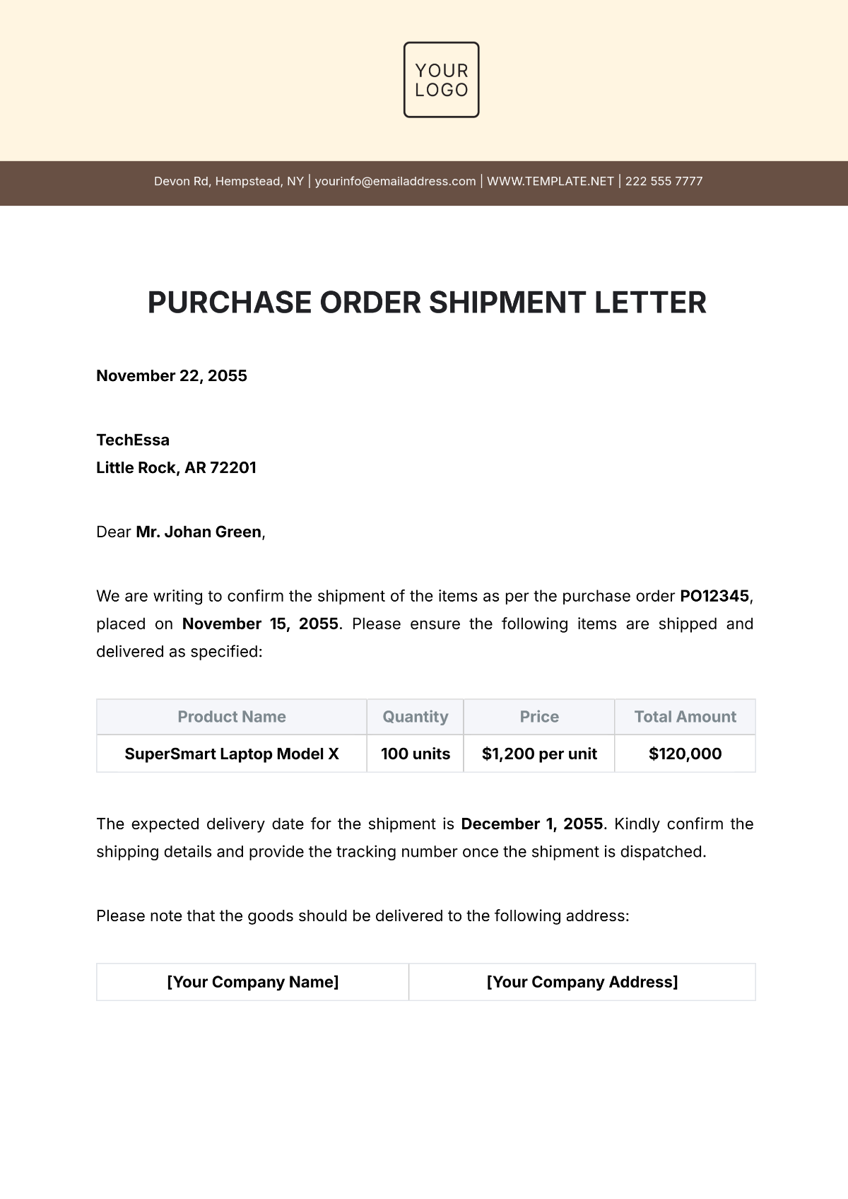 Purchase Order Shipment Letter Template