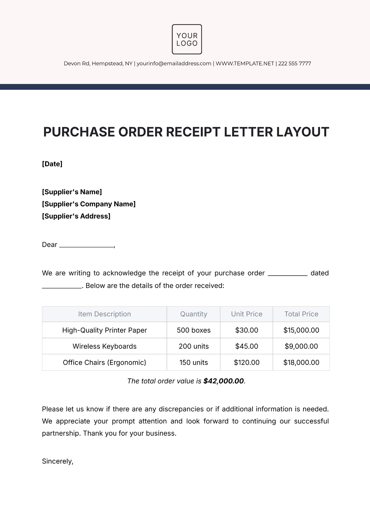 Purchase Order Receipt Letter Layout Template