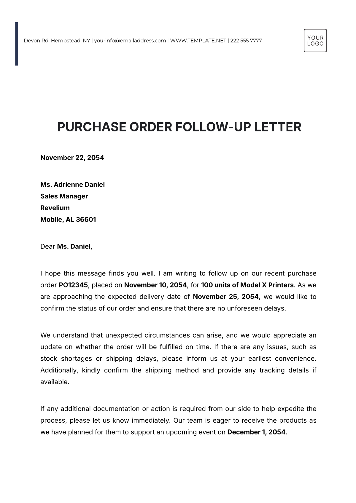 Purchase Order Follow-up Letter Template