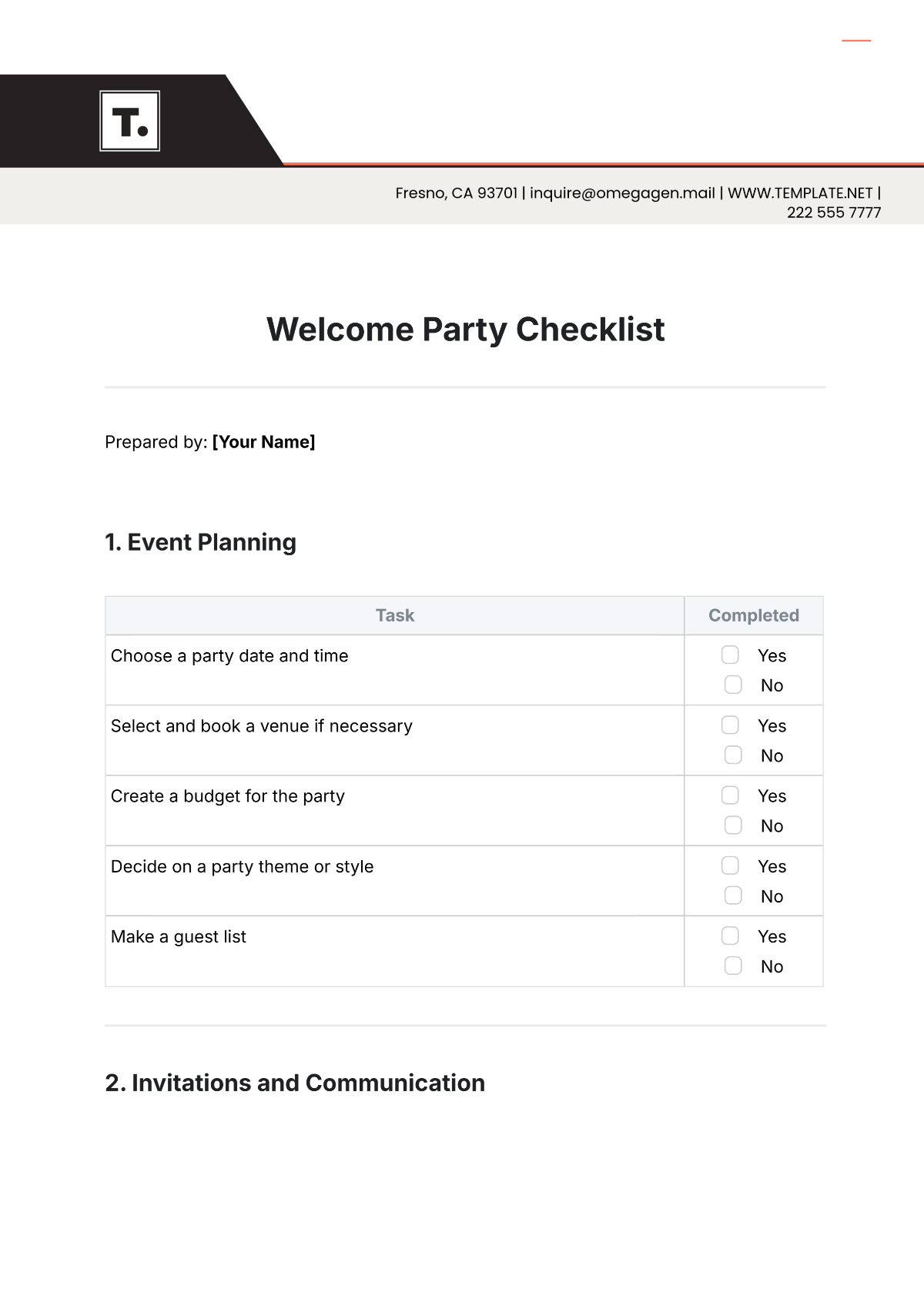 Welcome Party Checklist Template