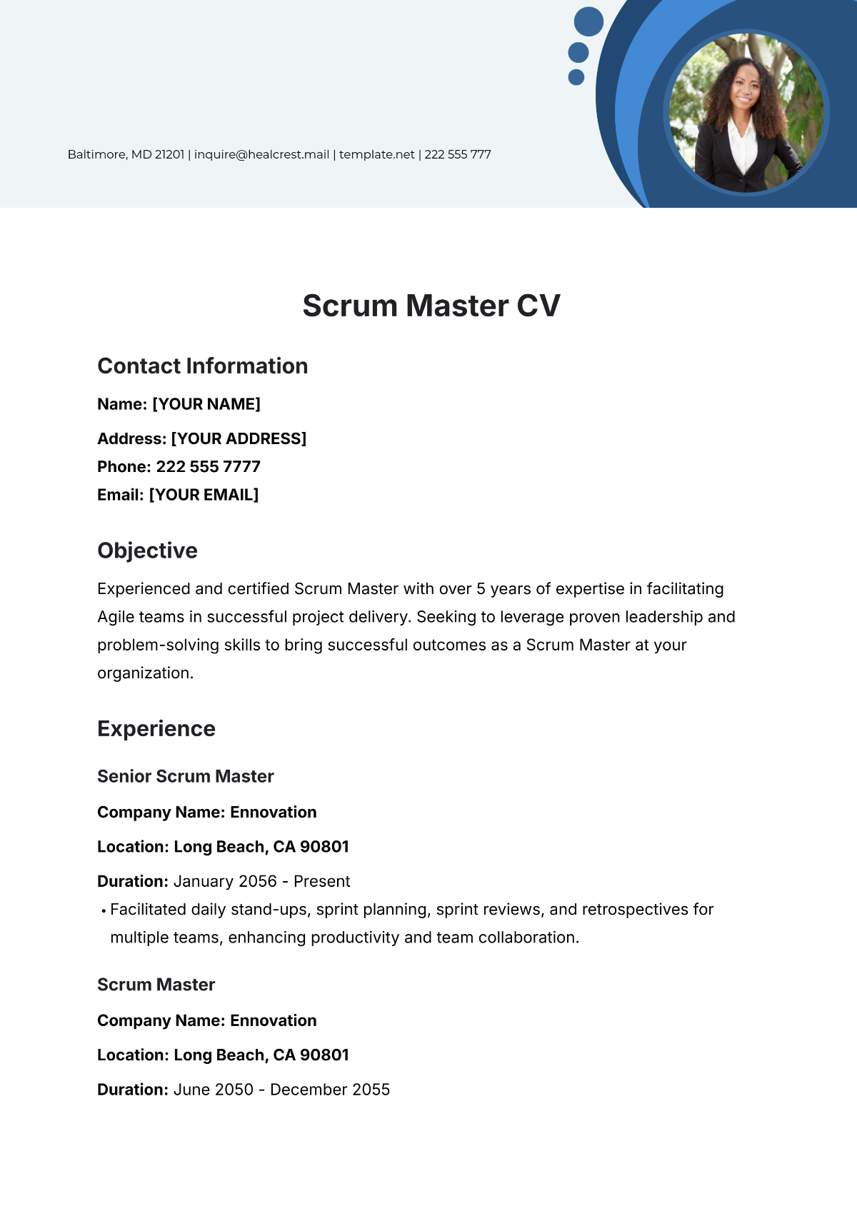 Scrum Master CV Template - Edit Online & Download