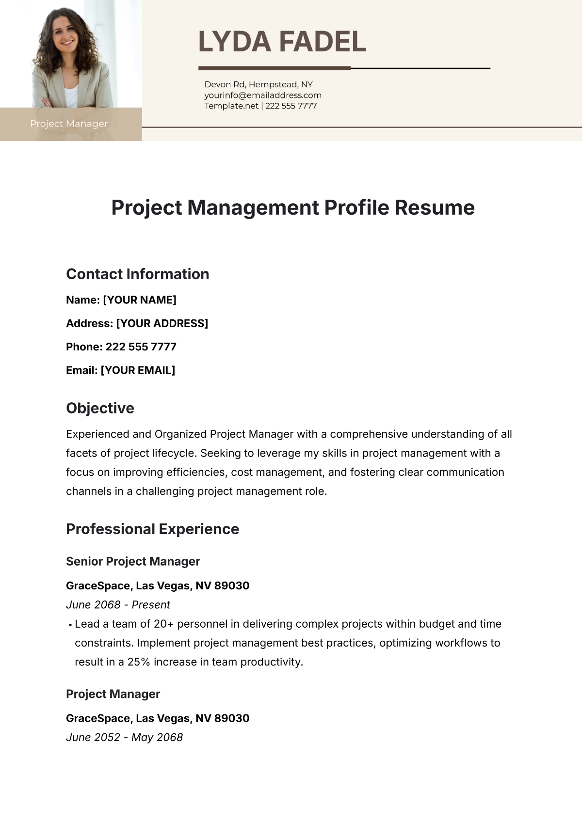 Free Project Management Profile Resume Template to Edit Online