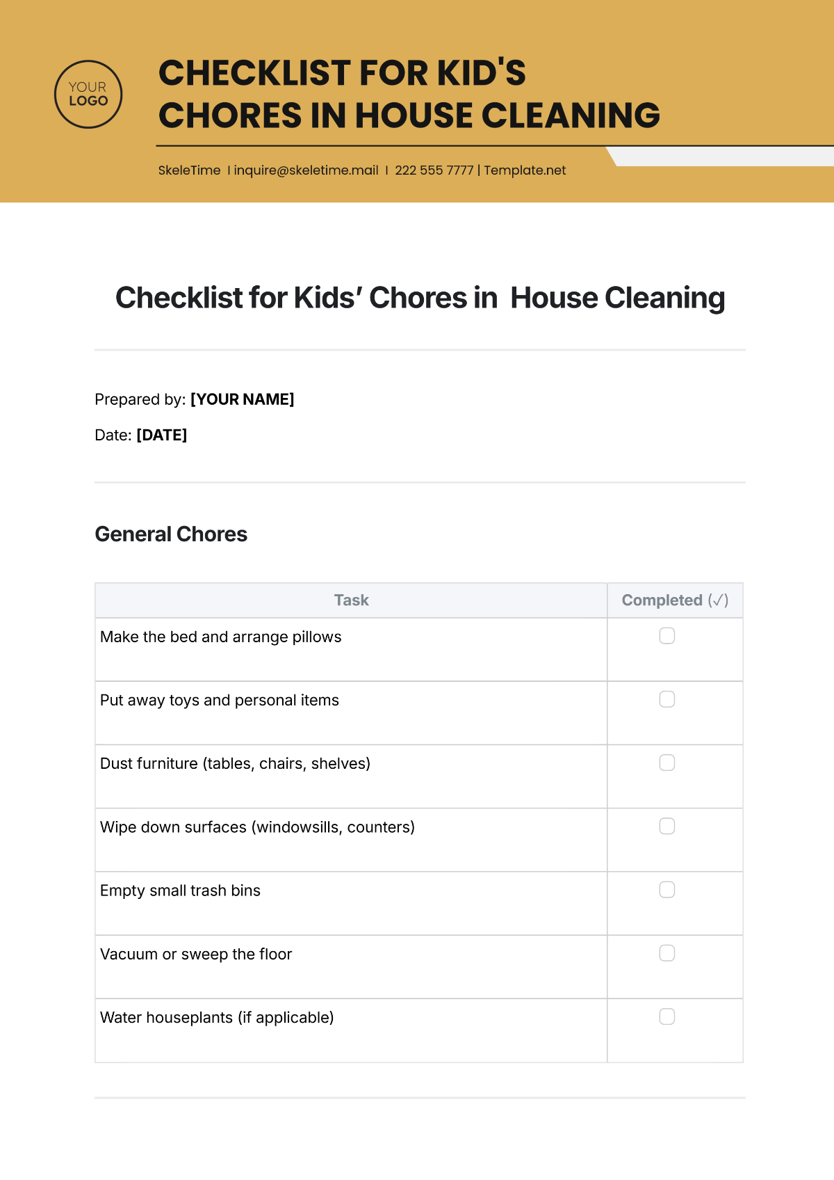 Checklist for Kids’ Chores in  House Cleaning Template