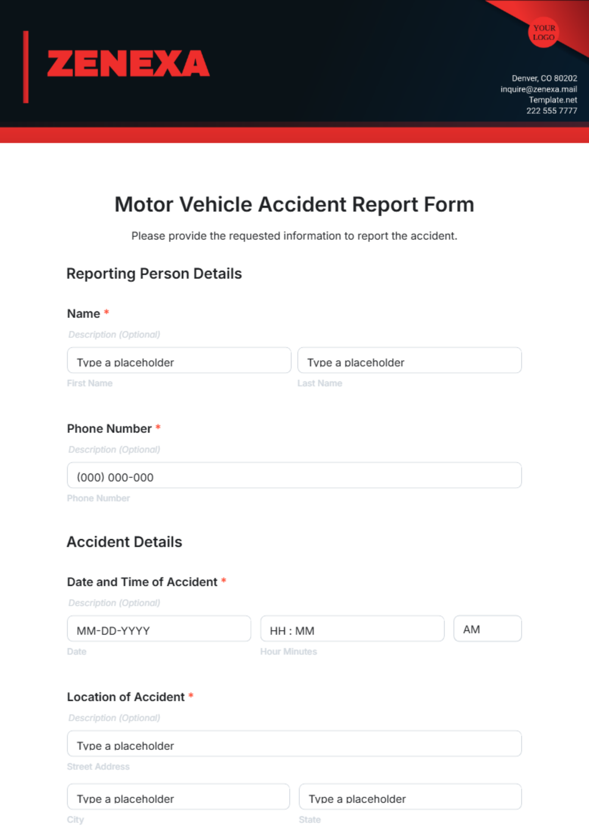 Motor Vehicle Accident Report Form Template - Edit Online & Download