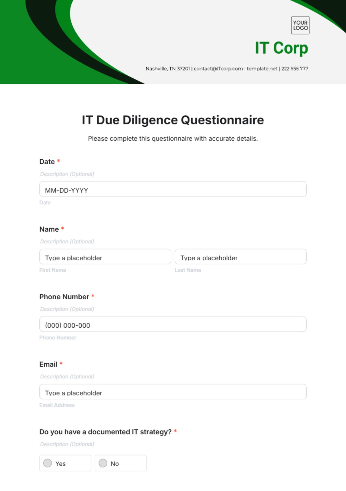 IT Due Diligence Questionnaire Template - Edit Online & Download