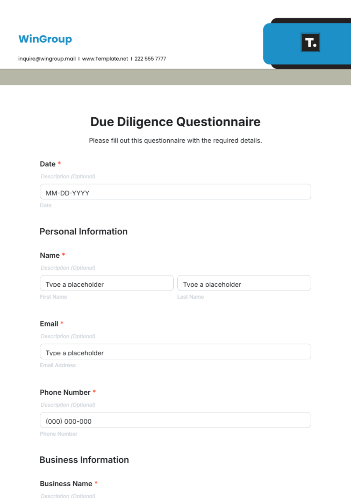 Due Diligence Questionnaire Template - Edit Online & Download