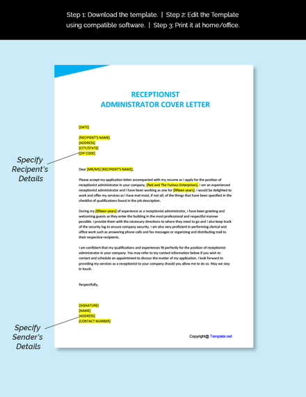 Administrator Receptionist Cover Letter Template
