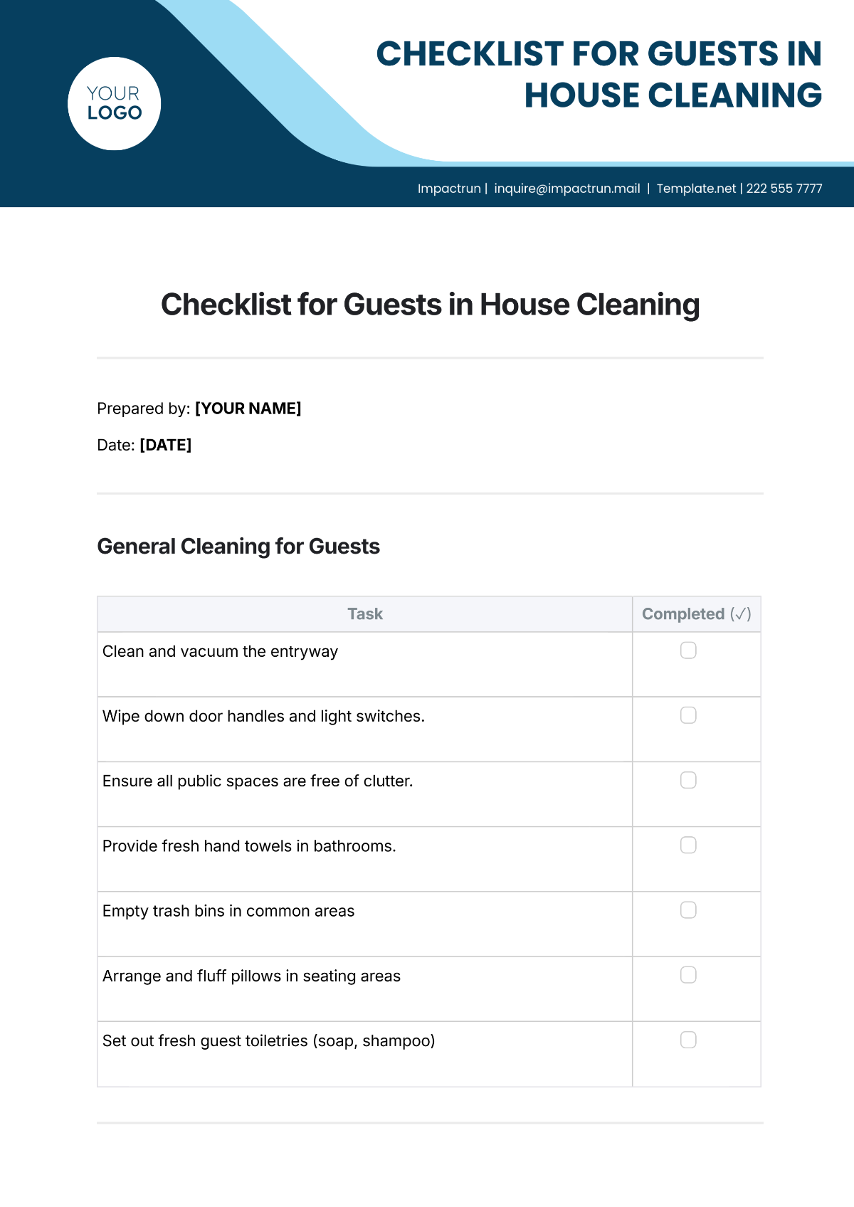 Checklist for Guests in House Cleaning Template