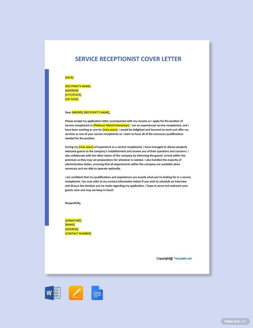 Simple Service Receptionist Cover Letter